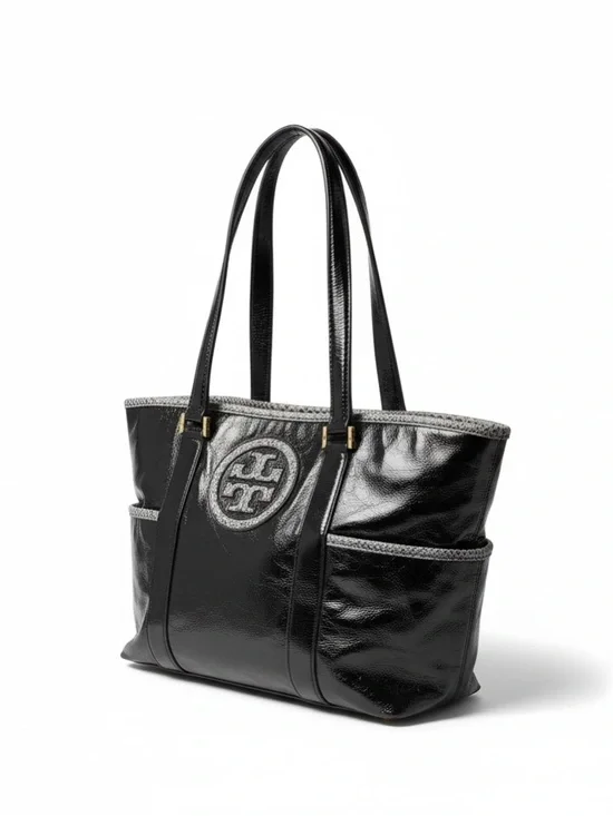 Tory Burch Black Leather Tote with Logo Medallion - Picture 1 of 17